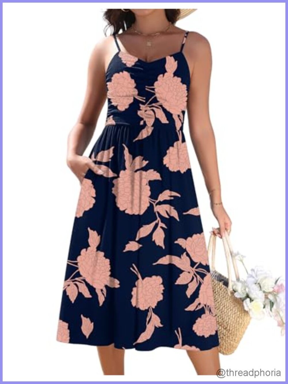 Adjustable Spaghetti Strap Floral Midi Sundress with Pockets